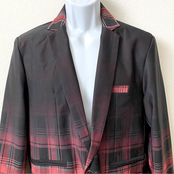 Kuxuan, Men’s Ombré Black and Red Plaid One Button Jacket Coat Blazer - Picture 3 of 6